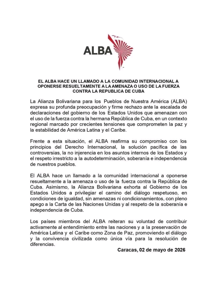 ALBA rechaza amenazas de EE. UU. contra Cuba y pide a la comunidad internacional oponerse al uso de la fuerza
