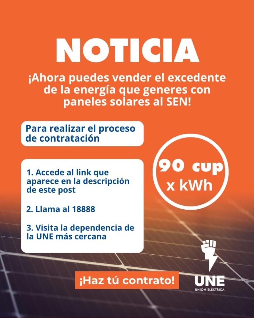 UNE habilita compra de excedentes fotovoltaicos: 90 CUP por kWh para generadores residenciales