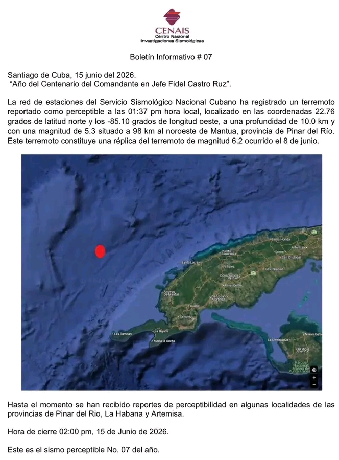 Sismo de magnitud 5.3 sacudió ayer el noroeste de Mantua, Pinar del Río