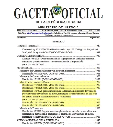Gaceta Oficial 65: publicadas las resoluciones 171-175 que modifican impuestos a vehículos